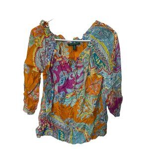 Lauren Ralph Lauren Silk Blouse Womens XS Bright Paisley Colorful Preppy